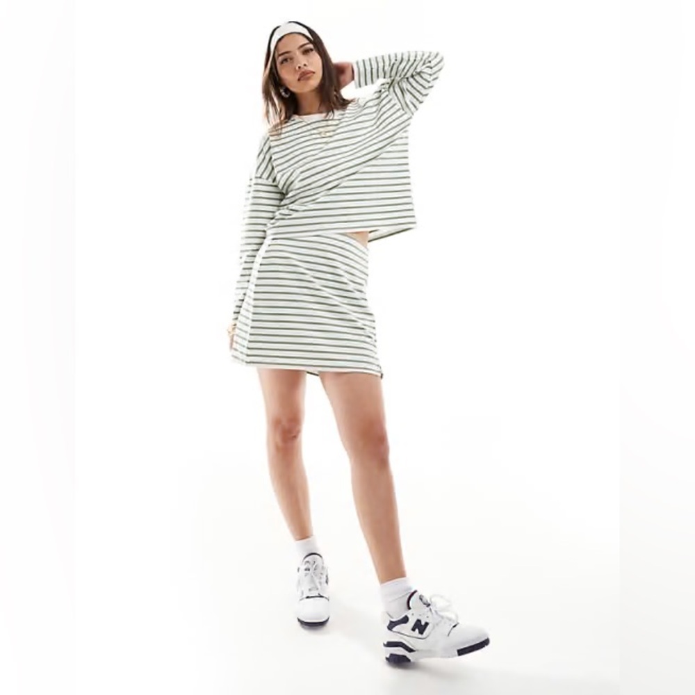 Vero Moda White and Green Striped Long Sleeve Top